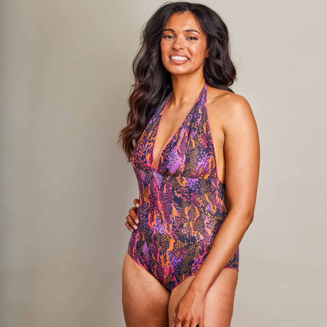 Girl in pink halterneck swimsuit