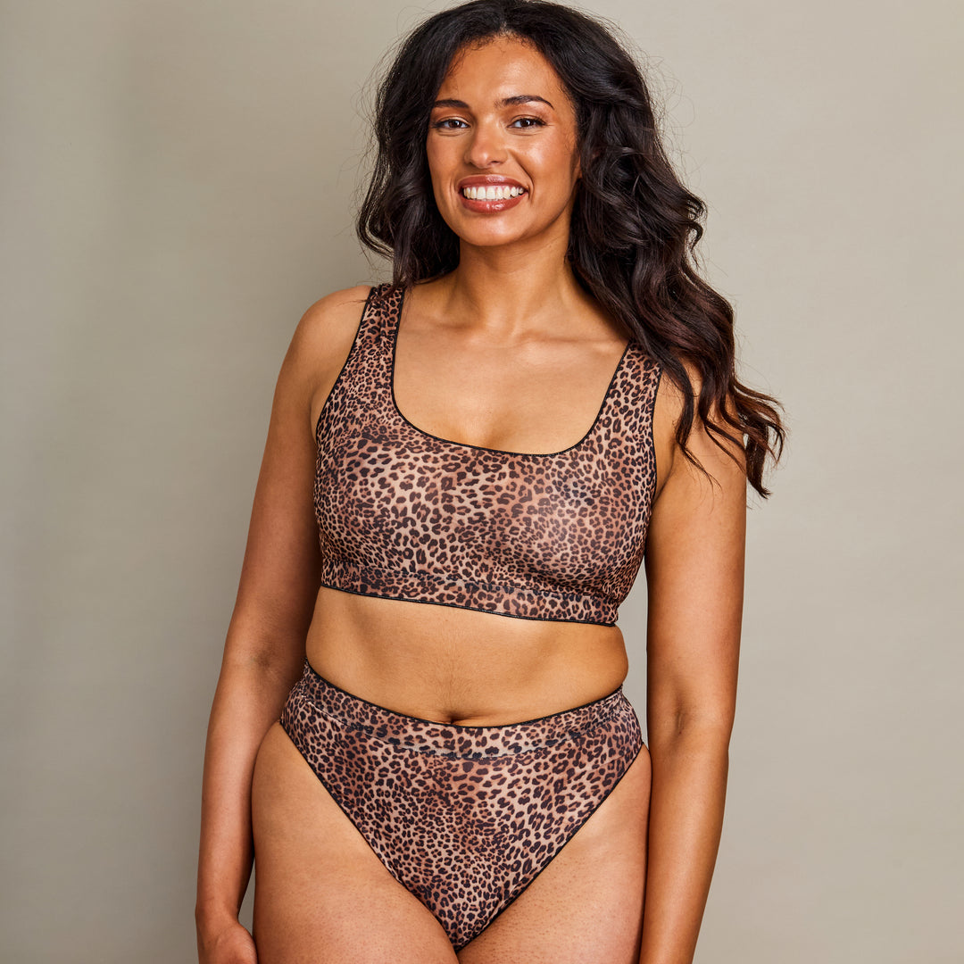 Girl in leopard print crop bikini set