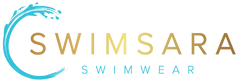 Swimsara Swimwear logo with a blue wave design on a white background