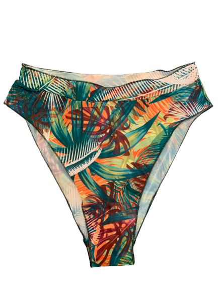 Tan Through Bikini Bottoms High Waisted - Tropical Palm White