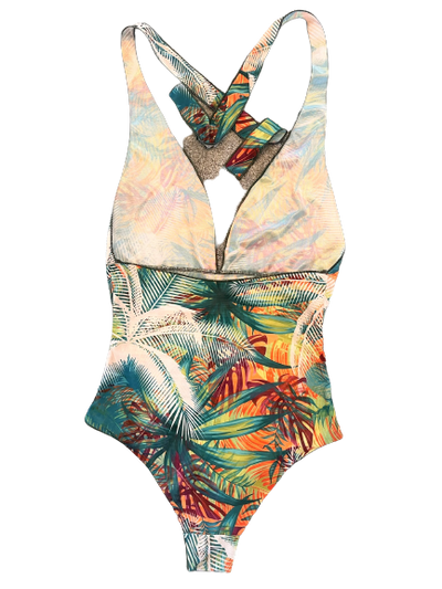 Halter neck Tan Through Swimsuit - Tropical Palm White
